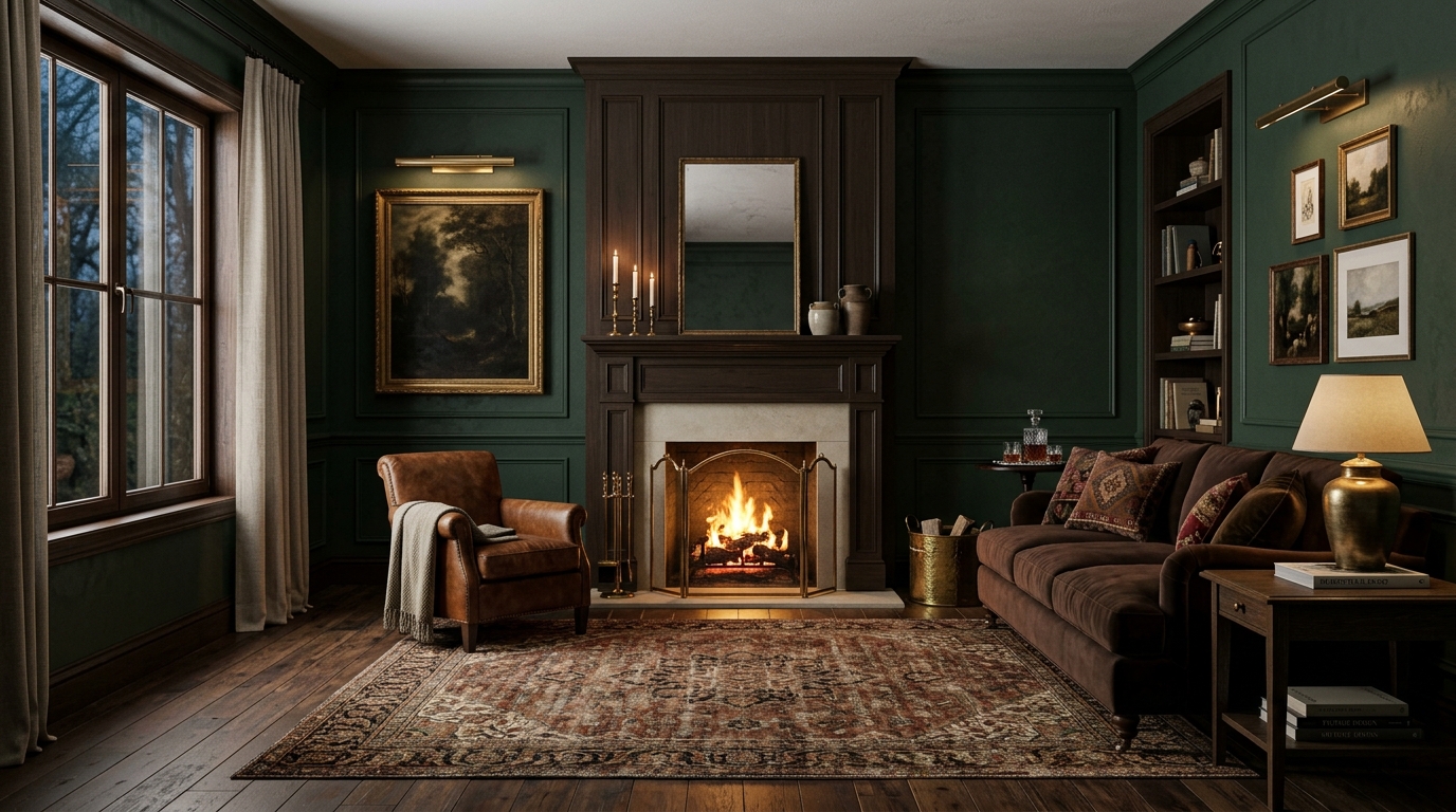 Chocolate Brown and Deep Forest Green Living Room